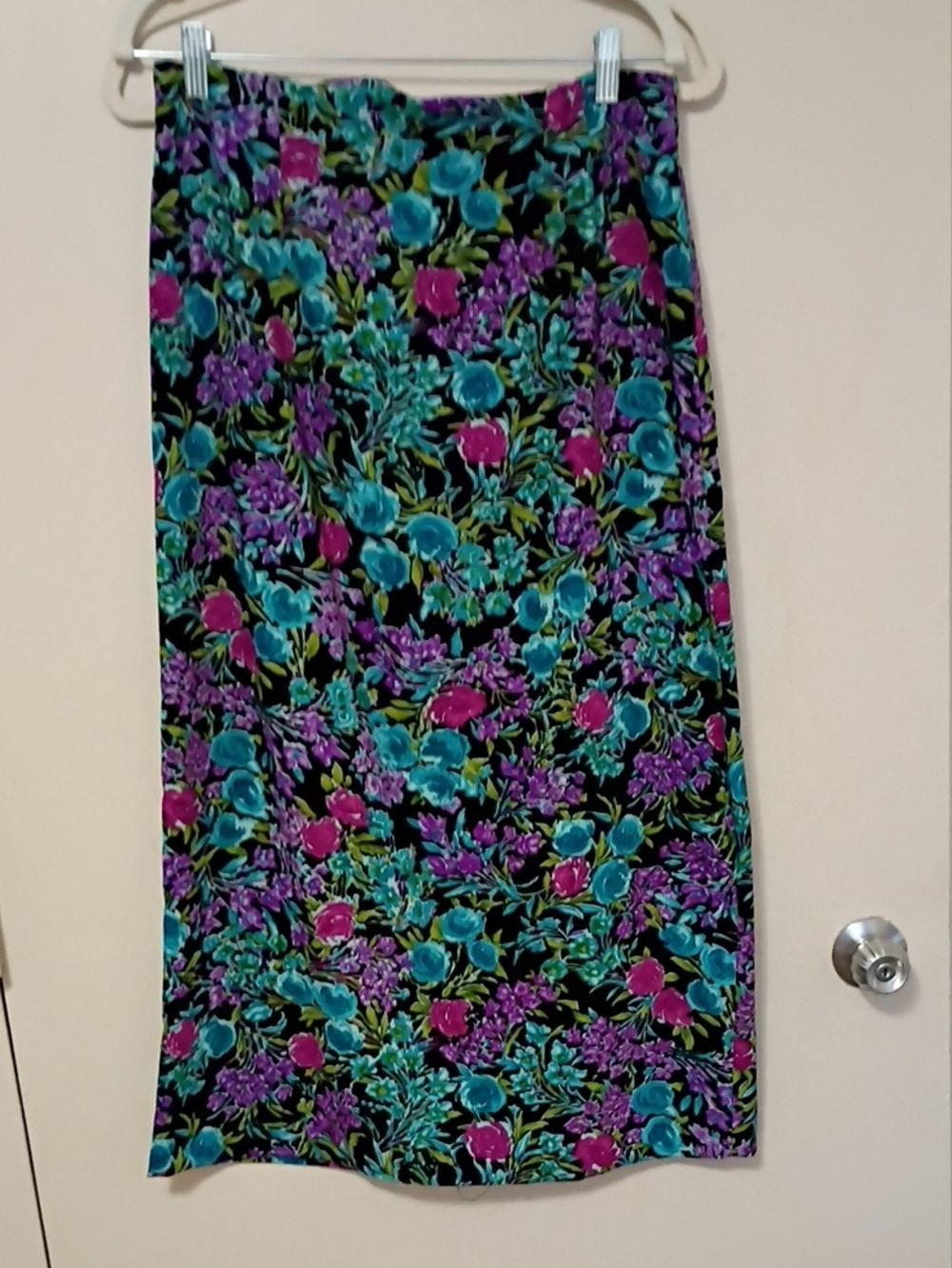 Briggs New York Black Floral Maxi Skirt with Teal & Purple Accents